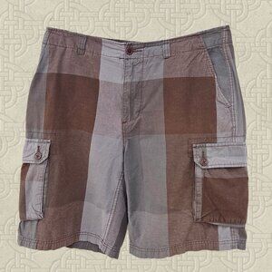 G&M Men's Plaid Brown/Gray Large Checker Cotton Cargo Shorts - 34